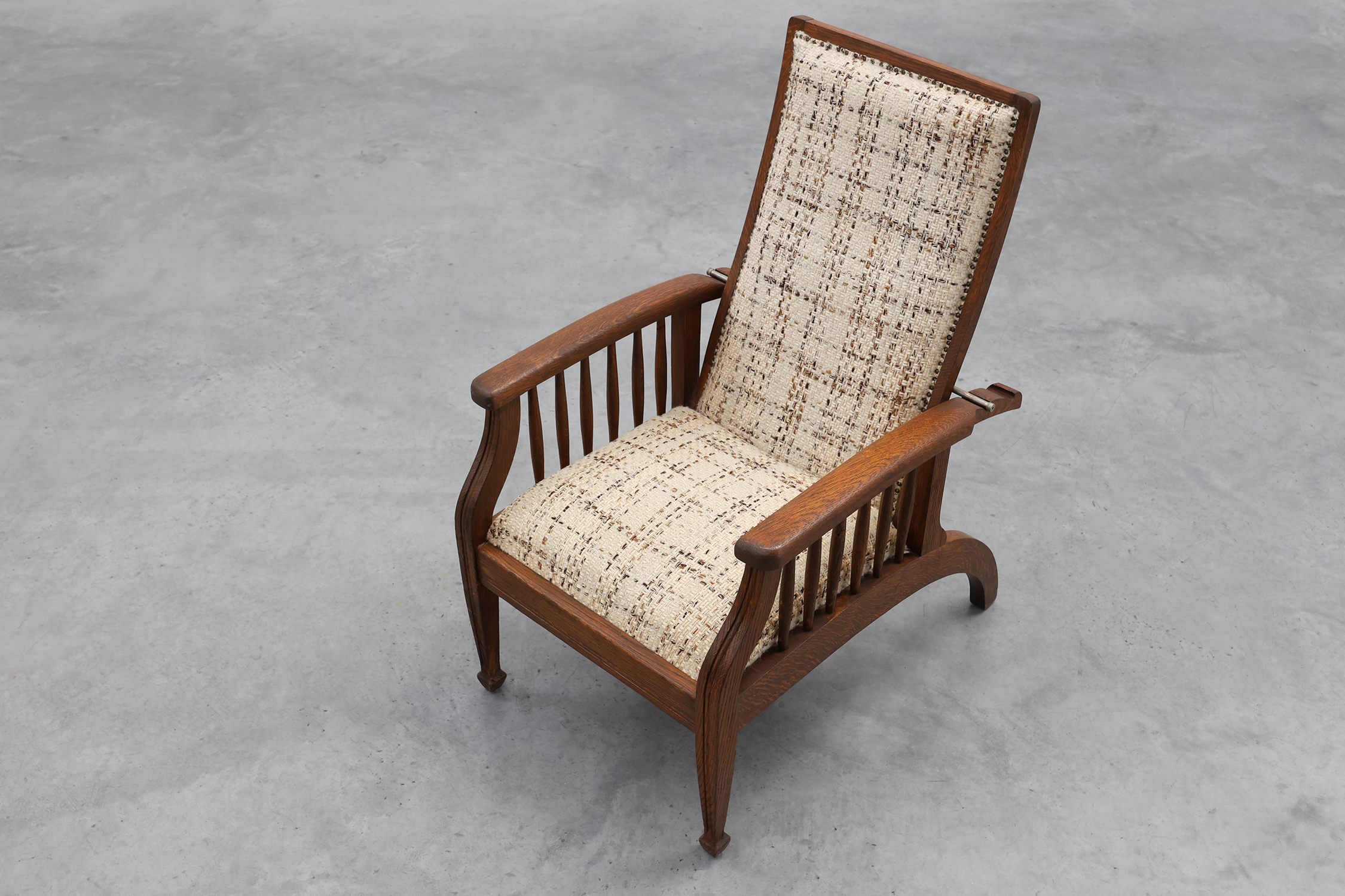Arts & Craft oak armchair with spindle sides and tweed upholstery, Belgium, 1920sthumbnail